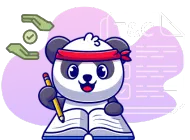 Cartoon panda with a red headband holds a pencil over an open book, with a clock and document icons in the background.