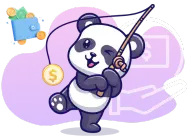 A cheerful panda winking while holding a fishing rod with a coin attached, symbolizing financial gains. A digital wallet with floating coins and a money-related icon appear in the background.