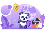 A cartoon panda holding a clipboard with a shield icon in the background, alongside images of coins and documents, against a purple world map backdrop.