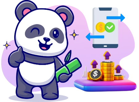 A cartoon panda holds bamboo, with a phone showing a transaction and stacks of coins with upward arrows in the background.