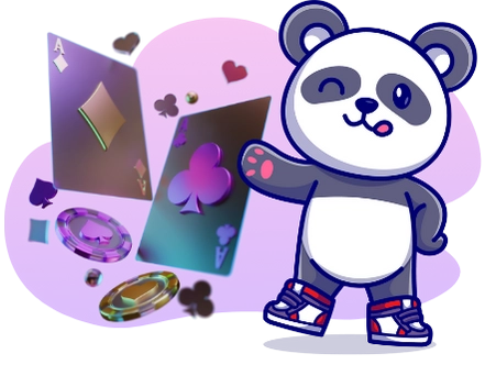 A winking cartoon panda in sneakers points to playing cards and casino chips.