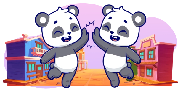 Two cartoon pandas give each other a high five, with smiling expressions and rosy cheeks, in front of a backdrop of a western-style town with saloons and wooden walkways, all against a gray and purple background.