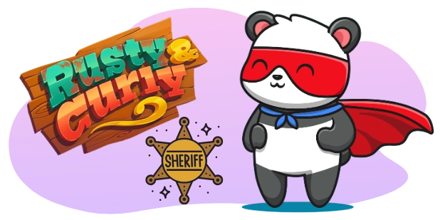 A cartoon panda wearing a red mask and cape stands next to the "Rusty & Curly" logo and a sheriff star, all against a gray and purple background.