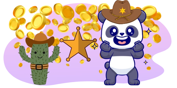 A cartoon panda wearing a cowboy hat clenches its fists excitedly, standing next to a sheriff star and a cactus wearing a smaller cowboy hat, with gold coins raining down from above, all against a gray and purple background.