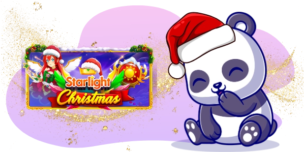 A cartoon panda wearing a Santa hat sits with a finger to its lips, beside a framed logo for the "Starlight Christmas" slot game, against a gray and purple background with sparkling gold glitter.