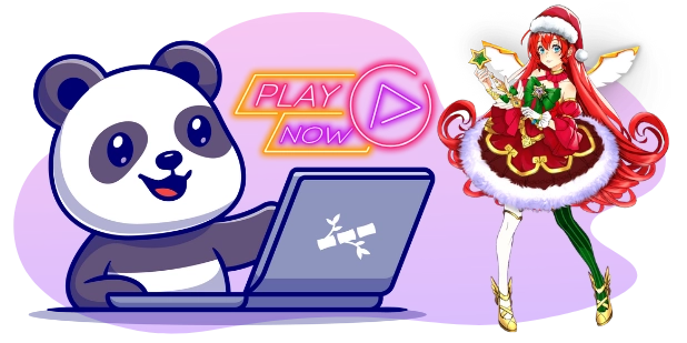 A cartoon panda with a happy expression works on a laptop, with a neon sign above that says "PLAY NOW" with a play button symbol, while to the right stands a female anime character dressed in a Santa-themed outfit with wings and a star-tipped staff, all against a gray and purple background.