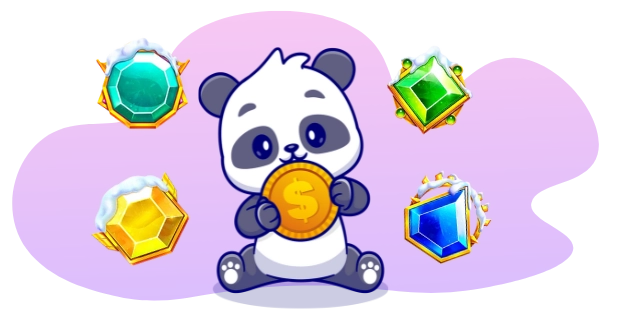 A cartoon panda sits holding a large gold coin with a dollar sign, surrounded by four sparkling gems with snow-like highlights, against a gray and purple background.