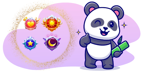 A cartoon panda winks and gives a thumbs-up while holding a green bamboo stalk, with four circular emblems featuring a heart, sun, star, and moon above it, all against a gray and purple background with sparkling gold swirls.