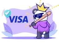 A cartoon panda wearing a crown, sunglasses, and a purple hoodie holds a baseball bat next to a Visa logo.