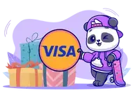 A cartoon panda in a purple hoodie holds a Visa-branded circle, with gift boxes in the background.