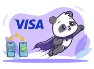 A cartoon panda flies with a cape, next to the Visa logo and two phones showing a transaction.