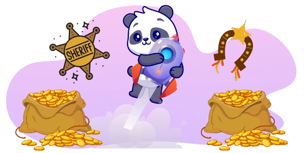 A cartoon panda soars on a purple rocket with a red cape, leaving a white trail, beside a sheriff star and a horseshoe with firecrackers, with two sacks full of gold coins below, all against a gray and purple background.