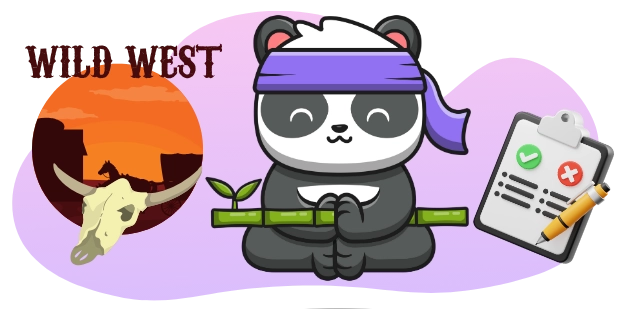 A cartoon panda wearing a purple headband meditates in a lotus position, with a bamboo stalk in front, beside a clipboard with a green checkmark and a red X, and a "WILD WEST" sign with a cow skull and sunset in the background, all against a gray and purple background.