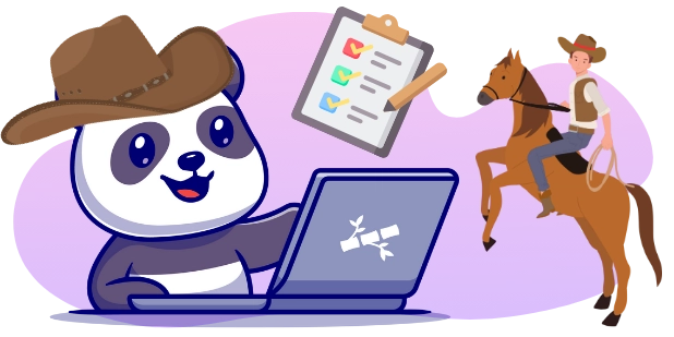 A cartoon panda wearing a cowboy hat smiles and works on a laptop, with a clipboard and pencil hovering above, while a cowboy rides a horse in the background, all against a gray and purple background.