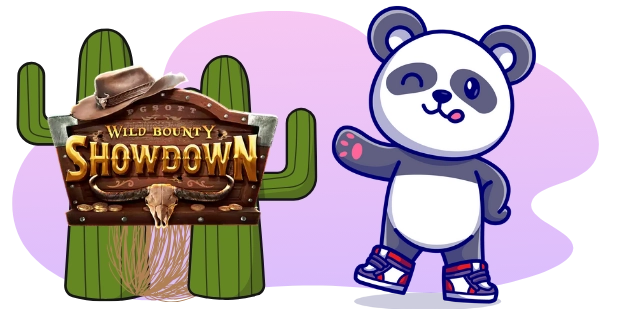 A cartoon panda winks and waves, wearing red and white sneakers, next to a wooden sign that reads "SHOWDOWN WILD BOUNTY" with a cowboy hat and a bull skull, flanked by two green cacti, all against a gray and purple background.