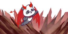 artoon panda with red devil horns, wings, and tail playfully leaps through a fiery, rocky landscape.