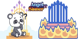 A cartoon panda bear sits thoughtfully on a cloud labeled "Angel", facing a fiery scene labeled "Sinner".