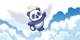 A cartoon panda with a halo and white wings playfully points upwards while flying above fluffy clouds.