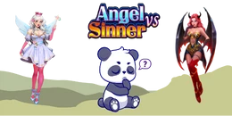 A split image with "Angel vs Sinner" text. On the left, a cartoon panda with a halo sits on a cloud; on the right, a fiery scene with a tall structure.