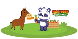 A cartoon horse and panda bear stand on either side of a logo that reads "BIG BASS". The panda holds a carrot and there is a crate of carrots next to it.