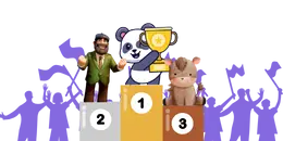 A cartoon panda stands on a first-place podium holding a trophy, as a man in a green suit gestures and a horse stands on the third-place podium. Silhouetted figures wave flags in the background.