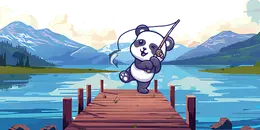 A cartoon panda excitedly fishes off a wooden dock in a pixelated landscape with mountains and a lake.