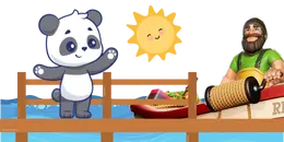 A cartoon panda waves from a bridge towards a man with a fishing rod on a boat, under a smiling sun.