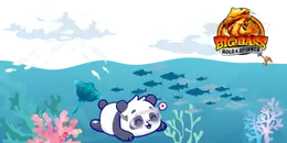 A cartoon panda swims happily in clear water with various fish and a stingray, under a "BIG BASS" logo.