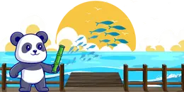 A cartoon panda holding a bamboo stalk stands on a wooden dock overlooking a sunset with fish jumping out of the water.