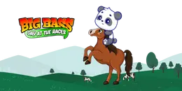 A cartoon panda bear rides a brown horse up a green hill towards a "FINISH" sign in a blue circle frame.