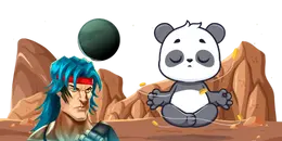 A blue haired man and a meditating panda stand on moon.