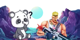 A confused cartoon panda with a question mark above its head looks at a muscular soldier holding a large gun in a video game scene.