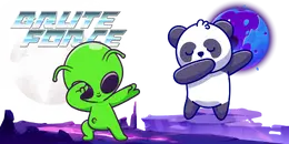 A green alien and a panda bear performing a dance move in front of a full moon and a planet.