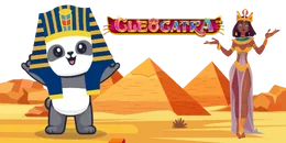 Cartoon panda dressed as a pharaoh with the text "AMIE" above and "CLEOCATRA" below, standing next to a cartoon Cleopatra in front of pyramids.