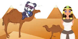 A cartoon panda wearing sunglasses sits on a camel in a desert with pyramids in the background.