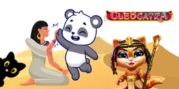 Cartoon panda clapping hands with a Cleopatra-like figure, surronded by 2 cats and "CLEOCATRA" logo.