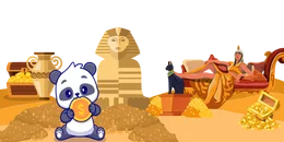 Cartoon panda holding a coin in a scene with a sphinx, Cleopatra-like figure, and treasure.