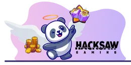 Cartoon panda with halo and wings, holding dice, Hacksaw Gaming logo.