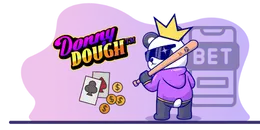 Panda holding a bat, with cards, coins and Donny Dough logo.