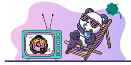 Panda in sunglasses watching TV, Donny Dough on screen.