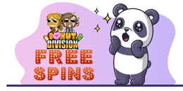 A cartoon panda looking surprised, with the "DONUT DIVISION" logo featuring sad-looking characters and the words "FREE SPINS" in the background.