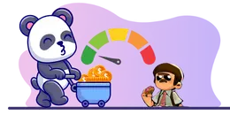 A cartoon panda pushing a cart of gold coins with a performance gauge above it, and a small person eating a donut in the bottom right corner.