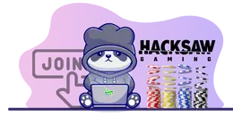 A cartoon panda wearing a hoodie, working on a laptop with a "JOIN" button and "HACKSAW GAMING" logo next to poker chips.