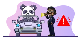 A cartoon panda in a car being pulled over by a police officer with a megaphone and a warning sign.