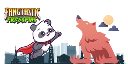 A cartoon panda wearing a red cape flies toward a howling wolf in a cityscape with a moonlit sky.