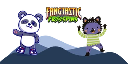 A cartoon panda winking and dancing with a small, purple monster in a playful scene with layered background elements.