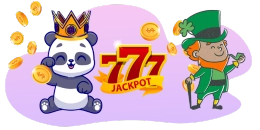 A cartoon panda wearing a crown sits beside a "777 Jackpot" slot machine graphic, as a leprechaun looks on and gold coins float around.