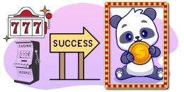 A cartoon panda sits in a frame holding a gold coin, with a slot machine and "SUCCESS" arrow in the background.