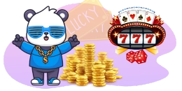 A cartoon panda wearing sunglasses and a gold chain stands beside a stack of gold coins and a "777" slot machine graphic.