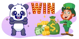 A cartoon panda and leprechaun celebrate a win with a "WIN" banner, money bag, and gold coins.